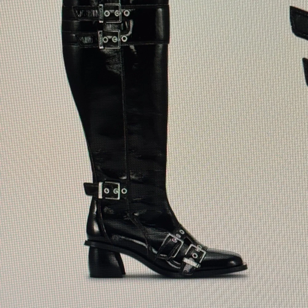 Ganni Black Patent Leather Knee-High Buckle Boots - Picture 4 of 15